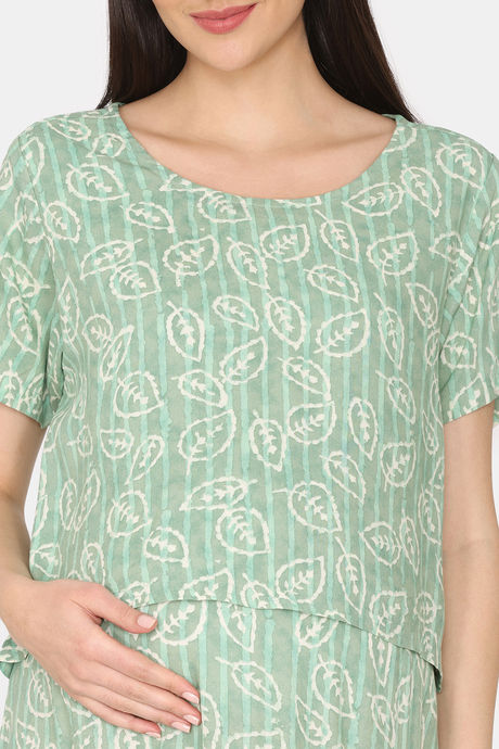Coucou Maternity Woven Full Length Nightdress With Front Zipper And Discreet Feeding - Summer Green — image 5